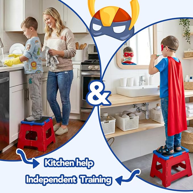 Delxo 9 Inch Folding Step Stool for Kids - Includes 3 Alphabet Letter Stickers & 2 Non-Slip Grip Pads, Sturdy Foldable Foot Stool for Toddlers, Kitchen, Bathroom & Bedroom (Red+Blue)
