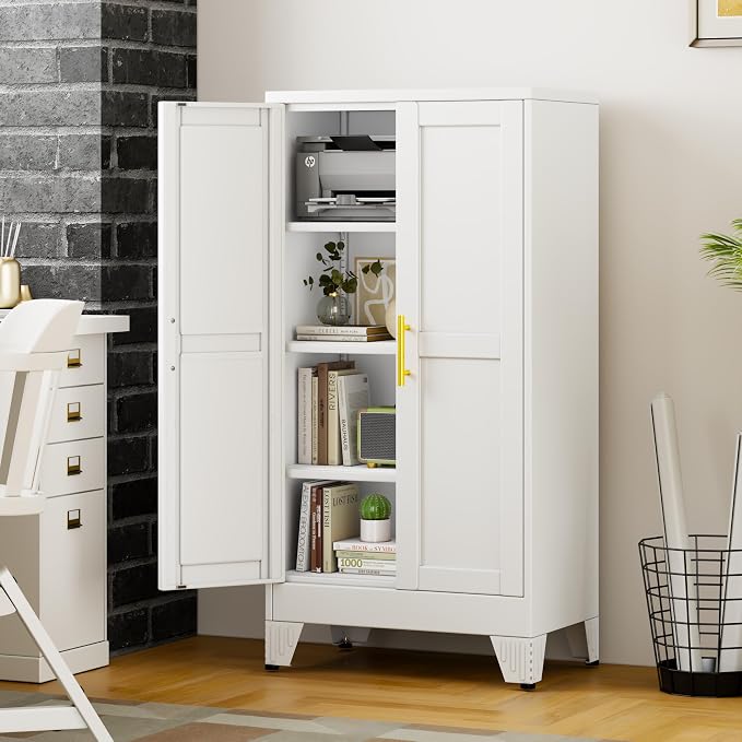 47" White Metal Garage Storage Cabinet with 2 Doors and 3 Adjustable Shelves,Kitchen Pantry Cabinet,File Cabinet,Steel Tool Cabinet for Home,Office,Garage,School,Warehouse