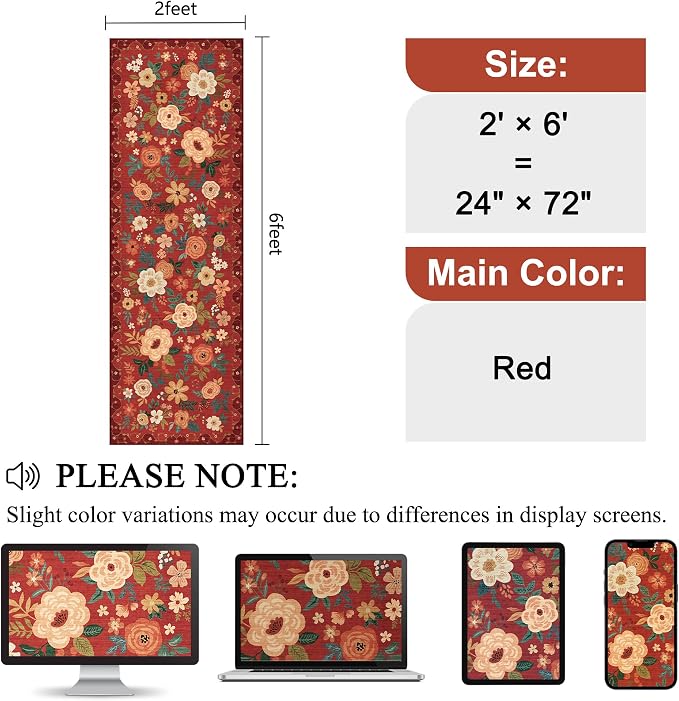 DUKINO 2x6 Runner Rug for Hallway, Washable Kitchen Runner Rug with Non Slip Backing, Low Pile Soft Boho Floral Runner for Kitchen, Hallway, Entryway, Laundry, Bedroom, Red