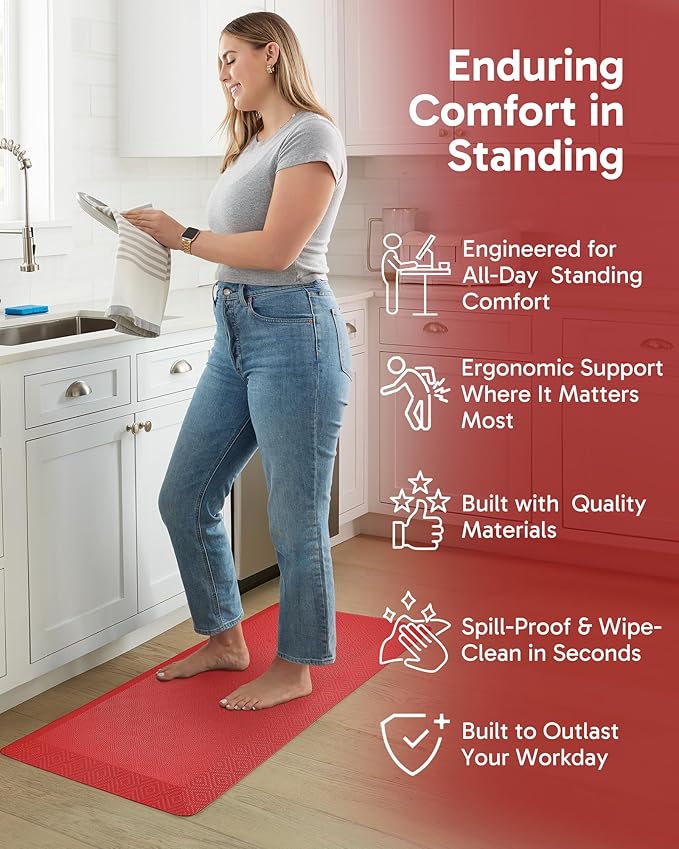 Ophanie Kitchen mats for Floor, 3/4 inch Thick, Kitchen Rugs, 20''x48'' Anti Fatigue Standing Cushioned Mat, Waterproof,Comfort Ergonomic mat for Office, Home, Sink, Red Non-Slip Bottom