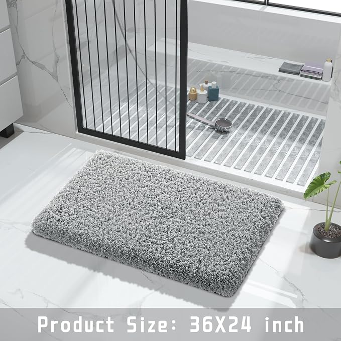 Yimobra Bathroom Rugs Non Slip Washable 36X24, Ultra Soft and Water Absorbent Bath Mats, Plush Shower Mat Outside, Luxury Microfiber Carpet Thick Matts for Bathroom Floor/Tub, Pure Gray
