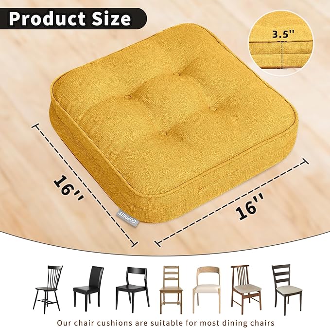 GOFORIT Memory Foam Cushion，Square Seat Cushions for Dining Chairs,Non-Slip Chair Pads with Removable Cover, 16'' x 16'', 2 Pack,Yellow