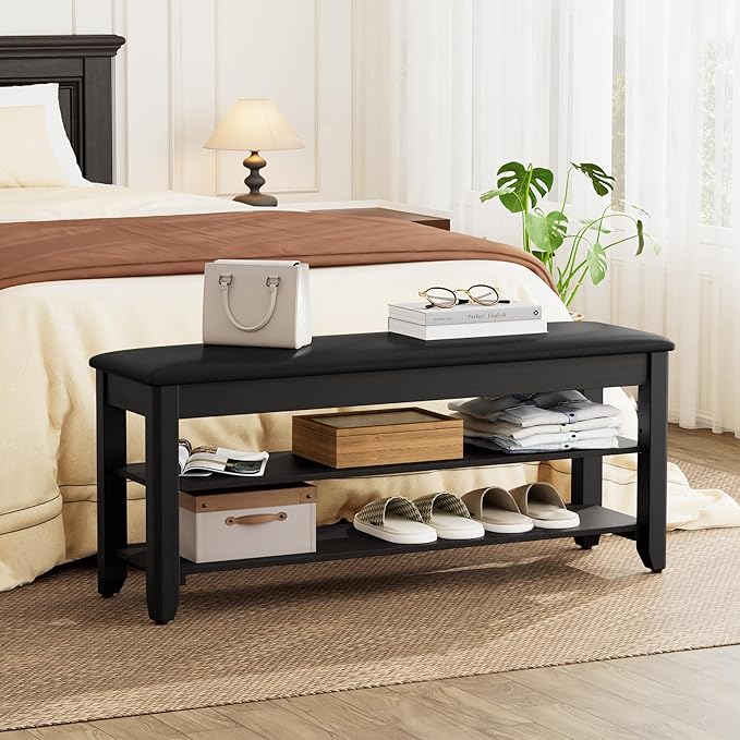 Homleke Shoe Rack Bench with Flip-Top Storage, Solid Wood Entryway Bench with Cushion, Adjustable Shelf, for Hallway, Mudroom, Closet – Black, 39.4"
