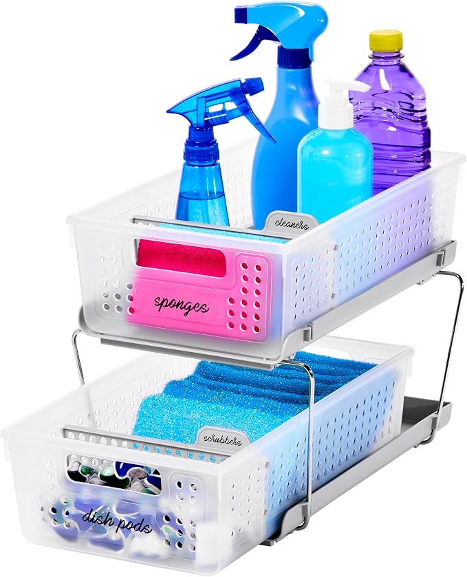 madesmart 2 Tier Bath Organizer,Undersink Storage with Sliding Drawers,for Cleaning Supplies, Pantry, Sponges,Bottles&Kitchen Essentials,Adjustable Dividers&Pull Out Sliding Baskets,Frost, (Pack of 2)