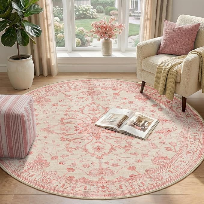 RELEANY Area Rugs Round 4ft Washable Non-Slip, Floral Vintage Distress Medallion Carpet for Living Room Bedroom Dining Room, Pink Light Vintage Pink