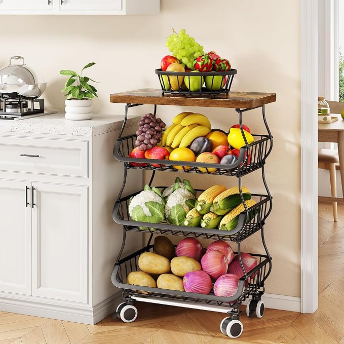 SAYZH Fruit Basket Kitchen Pantry Organizers and Storage - Wooden Top Table, Stackable Metal Wire Basket Stand Cart for Fruit Vegetable Snacks Onion Potato Organization (Black, 4 Tiers)