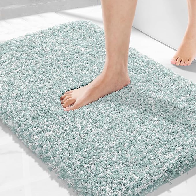 Yimobra Bath Rugs for Bathroom 32X20, Ultra Soft and Water Absorbent Bath Mats, Non Slip Plush Shower Mat, Microfiber Thick Matts for Bathroom Floor/Tub, Machine Washable, Sky Light Blue and White