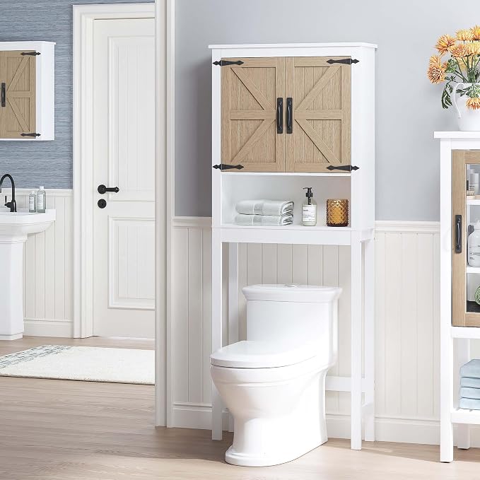 Spirich Over The Toilet Storage Cabinet, Farmhouse Over Toilet Bathroom Organizer with Wood Grain Barn Doors and Adjustable Shelves