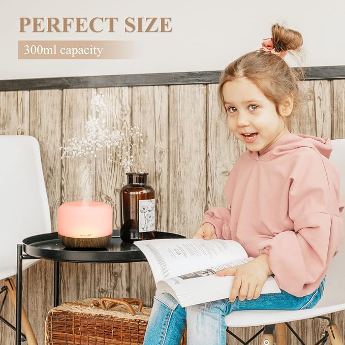 Aromatherapy Essential Oil Diffuser for Room: Air Humidifier Aroma Scent Cool Mist Diffuser Colorful Lights Wood Cute Small Large Auto Off Ultrasonic Diffusers for Home Bedroom (300ml)