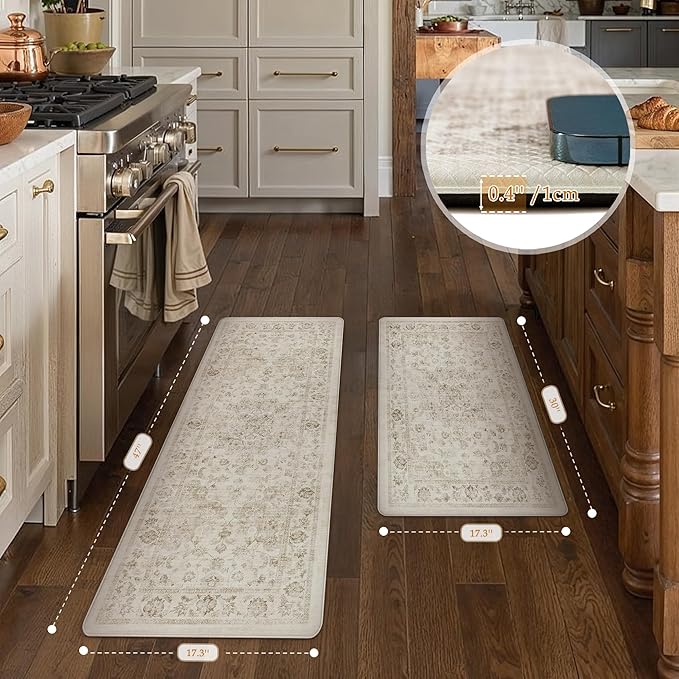 Anti Fatigue Kitchen Mat Beige Neutral Mats for Cushioned Vintage Kitchen Mats for Floor Non-Slip Waterproof Comfort Standing Rug for Sink Laundry Office 17.3"×30"
