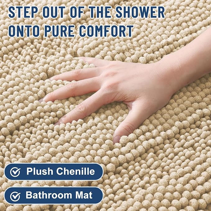 Grandaily Chenille Striped Bathroom Rugs 47x17, Extra Thick and Soft Absorbent Bath Mats, Rubber Backing, Plush Shaggy Shower Carpet, Machine Wash Dry, Bath Rug for Bathroom, Light Beige