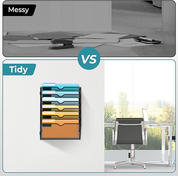 SUPEASY 6 Tier Wall File Organizer, Hanging Wall Mounted Mail Organizer with Label Slots, Metal Mesh File Holder Magazine Rack for Office, Home, School or Classroom, Black