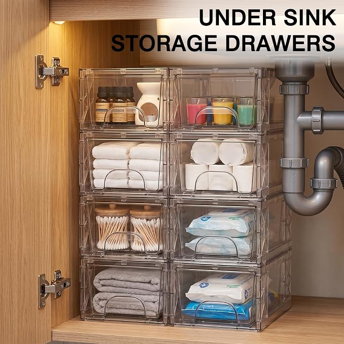Plastic Storage Drawers, 4.4in Stackable Box 8 Pack Simply Assembled Bins Containers Suitable for Cosmetics, Bathroom, Kitchen, Cabinets