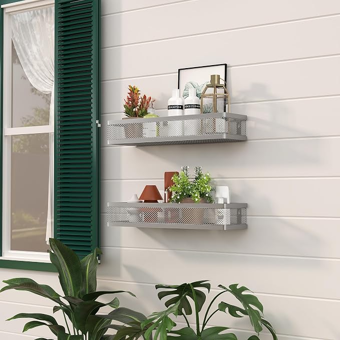 PUSDON 16.5-Inch Extra Long Slim Mesh Shower Caddy, Wall Mounted Bathroom Organizer with Adhesive, Heavy Duty Rustproof Shelf for Narrow Kitchen Pantry & RV, Holds 50 LBS Silver Gray -2 Packs Netting