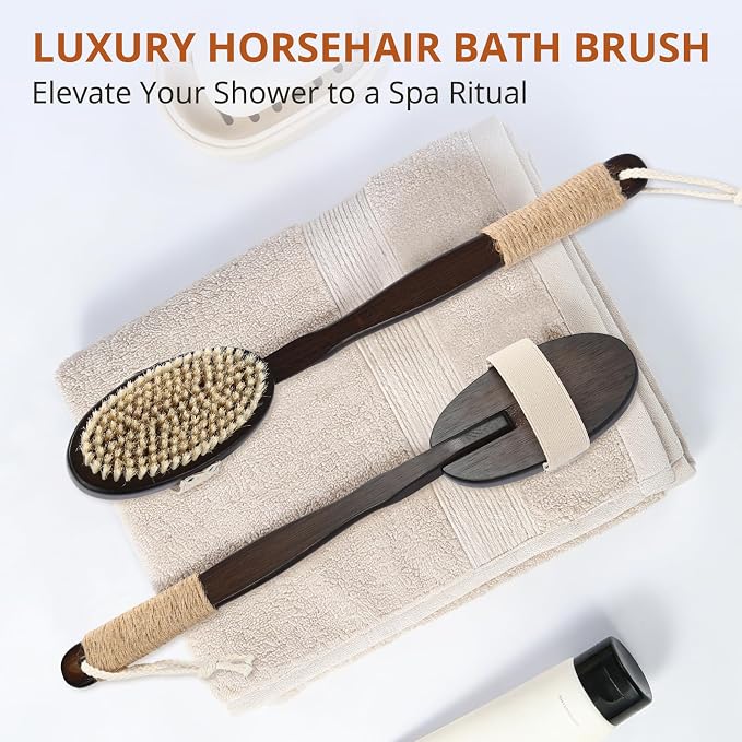 Dry & Wet Brushing Body Brush, Natural Boar Bristle Back Scrubber for Shower with Detachable Handle, Exfoliating Brush for Lymphatic Drainage, Improved Circulation & Smooth Skin