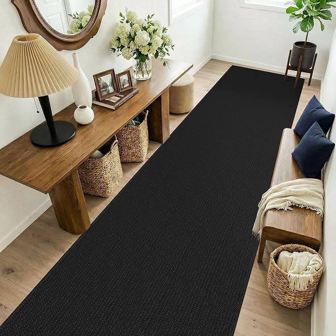 KOZYFLY Black 3x14 Runners Rugs for Hallway, Long Washable Runner Rug, Woven Non Slip Kitchen Runner, Flatweave Entryway Rug, Floor Carpet for Entry, Aisle, Hall, Black/Dark Grey