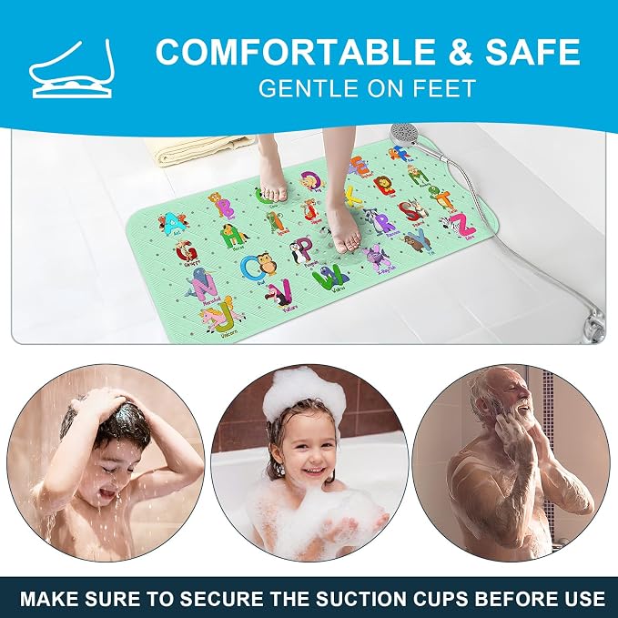 XIYUNTE Baby Bath Mat for Tub Non Slip Kids Bath Mat - 40''x16'' Extra Long Cartoon Bathtub Mat Non Slip Kids Shower Mat Eco-Friendly Toddler Bath Mats with Suction Cups, Machine Washable