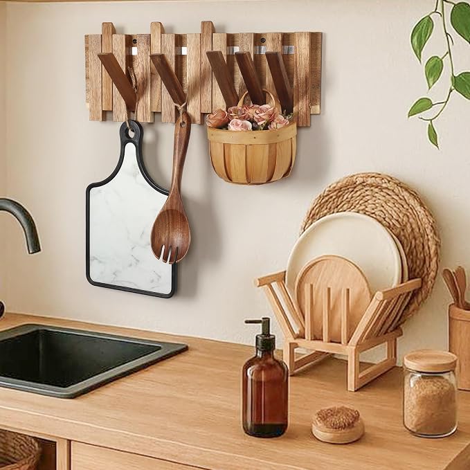 Wall Coat Rack for Entryway: Rustic Wooden Folding 8 Hooks Mount 16.5inch Decorative Piano Hanger for Farmhouse Hallway Bathroom for Towel Backpack Jacket (Staggered Style)