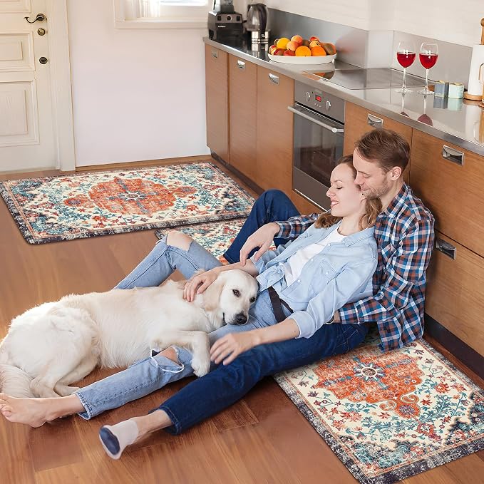 KIMODE Anti Fatigue Kitchen Mats, Boho Vintage Kitchen Rugs - Sets of 2, Cushioned Non Slip Comfort Rugs for Kitchen Floor, Sink, Laundry, Desk - Orange/Purple 20"x47"+20"x32"