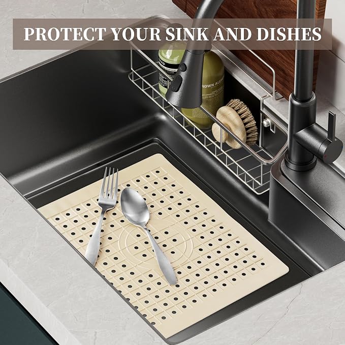 WILLKOMMEN Kitchen Sink Mat, 12" x 10" Rectangular Sink Protector Pad, Fast-Draining Grid Design Liner, Dish Drying Mat 2 Pack Beige