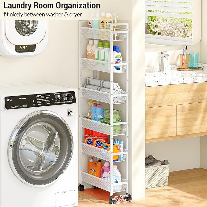 ThreeHio 6 Tier Slim Storage Cart, Narrow Cart with Wheels, Metal Mobile Shelving Unit Organizer for Bathroom, Kitchen, Laundry Room, Living Room & Narrow Spaces, White, 6in(W)