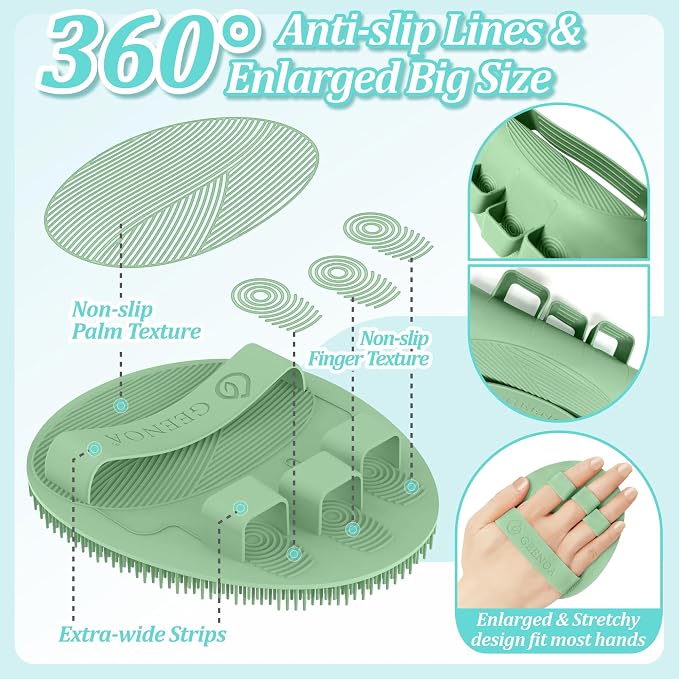 Silicone Back & Face Scrubber & Bath Glove Set 3PCS, 13.4'' Gentle Back Scrubber with Dual-Side Head, 360° Anti-Slip Bath Glove, Unique Side-bristled Face Scrubber for All-round Cleaning(Green)