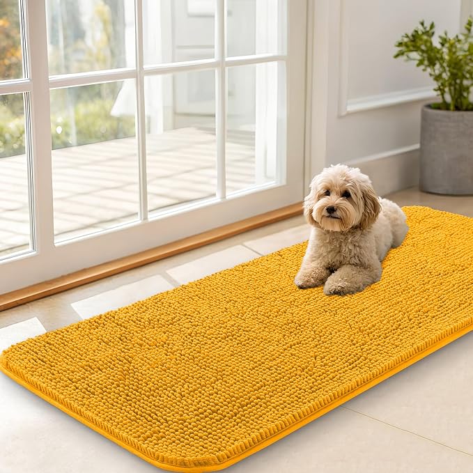 OLANLY Dog Door Mat for Muddy Paws 47x20, Absorbs Moisture and Dirt, Absorbent Non-Slip Washable Doormat, Quick Dry Chenille Mud Mat, Entry Indoor Entryway Carpet for Inside Floor, Golden Yellow