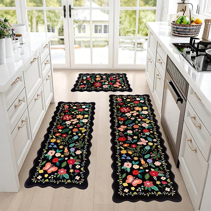 Kitchen Rugs Set of 3, Black Vintage Floral Scalloped Anti Fatigue Mats, Cushioned Non Slip PVC Floor Rugs, Comfort Standing Kitchen Floor Mats for Sink Laundry Office Home, 18x30, 18x48,18x60 Inch