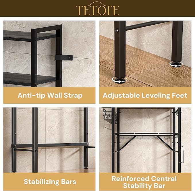 TETOTE Over-The-Toilet Storage Rack, 4-Tier Bathroom Organizer Shelf Over Toilet with Adjustable Shelf and Basket, Freestanding Space Saver Bathroom Shelves Above Toilet for Room(Black)