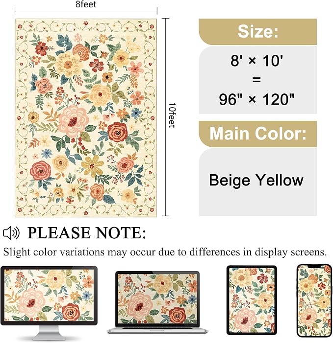 DUKINO 8x10 Area Rug, Floral Rugs for Living Room, Lightweight Non Slip Washable Rug, Indoor Low Pile & Non-Shedding Boho Design Rugs for Bedroom, Living Room, Dining Room, Beige Yellow