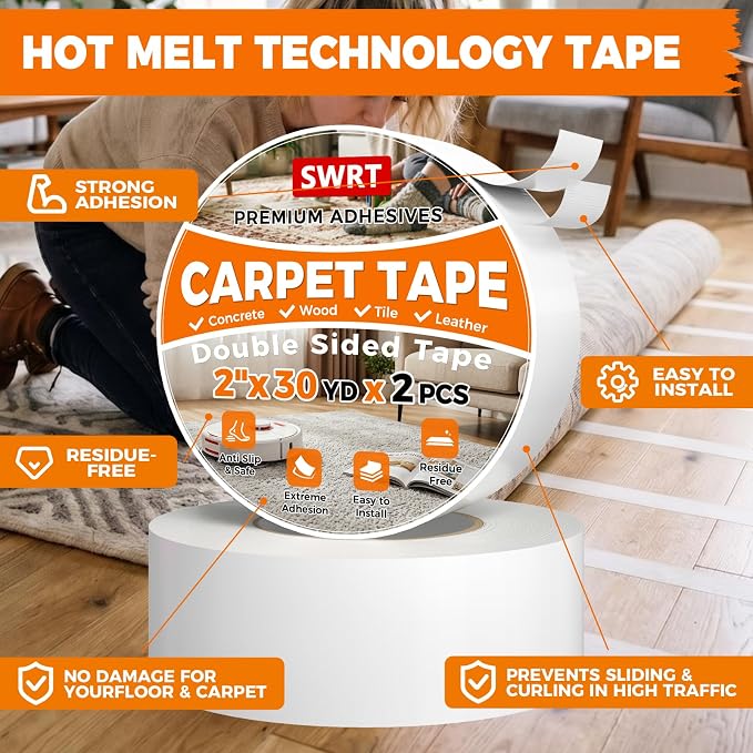 SWRT 2 Pack Carpet Tape Double Sided, 2 Inch x 30 Yards – Carpet Adhesive for Hardwood Floors, Heavy Duty Anti Slip Rug Grip Tape, Works as Rug Grippers, Residue Free, Easy Removal for Tile