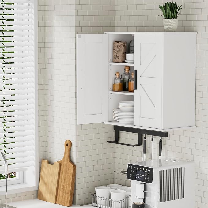 Homleke Bathroom Wall Cabinet, Over Toilet Storage Cabinet with Barn Doors and Adjustable Shelves, 3-Tier Medicine Cabinet Wall Mounted, for Bathroom, Kitchen, Entryway, Laundry Room, White, (11.8" D)