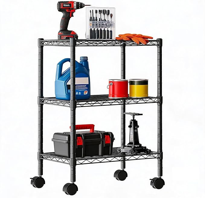 DUMOS 3-Tier Metal Wire Storage Shelves, Adjustable Standing Storage Rack Shelf with Wheels, Heavy Duty Steel Shelving Unit Organizers for Kitchen Bathroom Pantry Garage, 23.1" Wx13.4 Dx30.2 H, Black