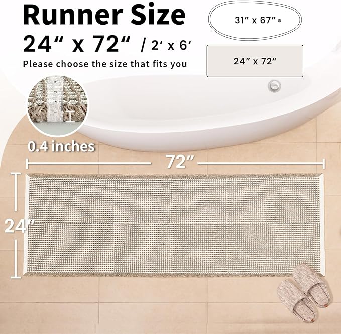 Waffle Runner Bath Mat - Long Boho Bathroom Rugs Non Slip Washable, Super Absorbent & Quick Dry, Soft Bath Mat Farmhouse Bathroom Decor, 24'' x 72'', Khaki and White
