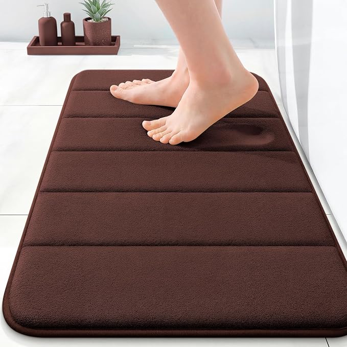 OLANLY Memory Foam Bath Mat 24x16, Super Soft Absorbent Bathroom Rugs, Quick Dry, Machine Washable Shower Floor Rugs, Bathmat Carpet, Bathroom Home Decor Accessories, Brown