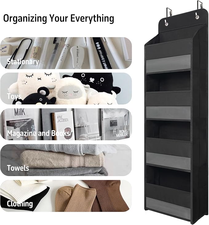 Giraffe Creation Compact Black Over Door Organizer with 4 Large Clear Pockets, Compact Hanging Door Storage for Bathroom, Dorm, Bedroom, Closet, Toiletries