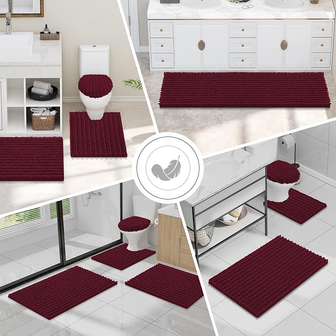 Smiry Bathroom Toilet Rugs U Shaped 24x20, Extra Soft Absorbent Non Slip Rubber Backing Chenille Contour Bath Rugs for Toilet, Machine Washable Contoured Bath Mats, Burgundy