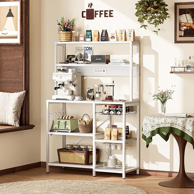 SUPERJARE Bakers Rack with Power Outlet, 35.4 Inches Coffee Bar with Wire Basket, Kitchen Microwave Stand with 6 S-Shaped Hooks, Open Storage Shelves, White
