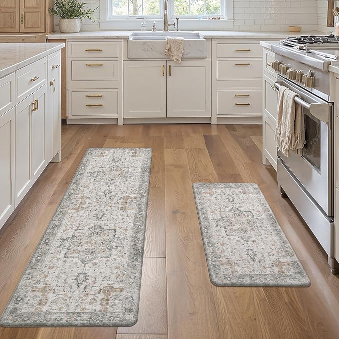 GENIMO Kitchen Mats for Floor 2PCs, Washable Anti Fatigue Mat for Cushioned, 17.3"x59"+17.3"x30", Waterproof Kitchen Rugs, Non Slip Comfort Standing Mat Rug for Home, Sink, Laundry, LightTaupeBrown