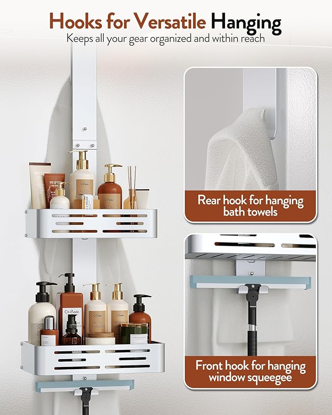 Orimade Aluminum Over the Door Shower Caddy, Rustproof Hanging Shower Organizer, Heavy Duty,Adjustable Height,Safe Rounded Edges, Bottom Plate to Hold Small Items, for Bathroom Storage, 2-Tier Silver