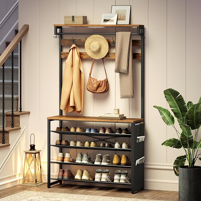 HOOBRO Hall Tree with Bench, Entryway Coat Rack with Shoe Rack, 39.4" Shoe and Coat Rack, 5 Tier Shoe Storage Organizer with Oxford Fabric Side Pockets, Adjustable Mesh Shelves, Rustic Brown BF76MT01