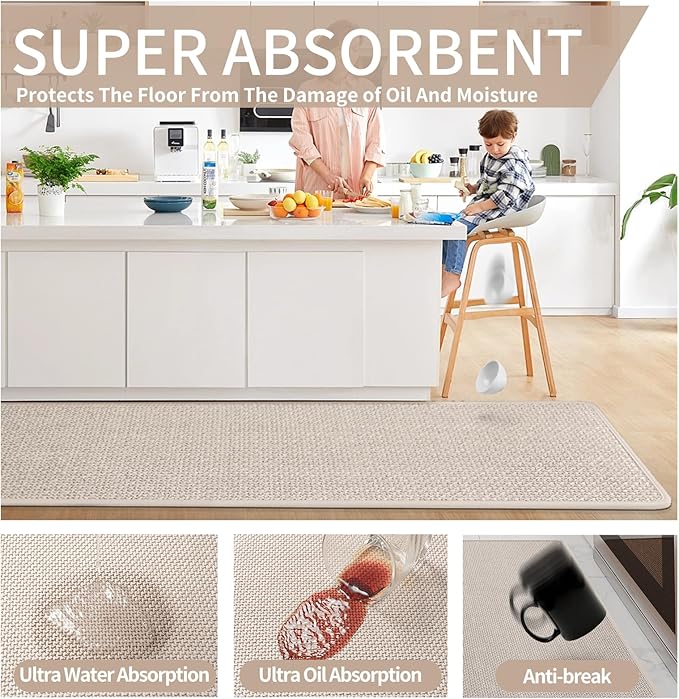 YDKGL Kitchen Mats for Floor, Super Absorbent Kitchen Rugs Non Slip Washable, Soft Imitation Linen Braided Kitchen Runner Rug, Standing Mat Kitchens Sink Mat, Easy to Clean, Beige 17x30
