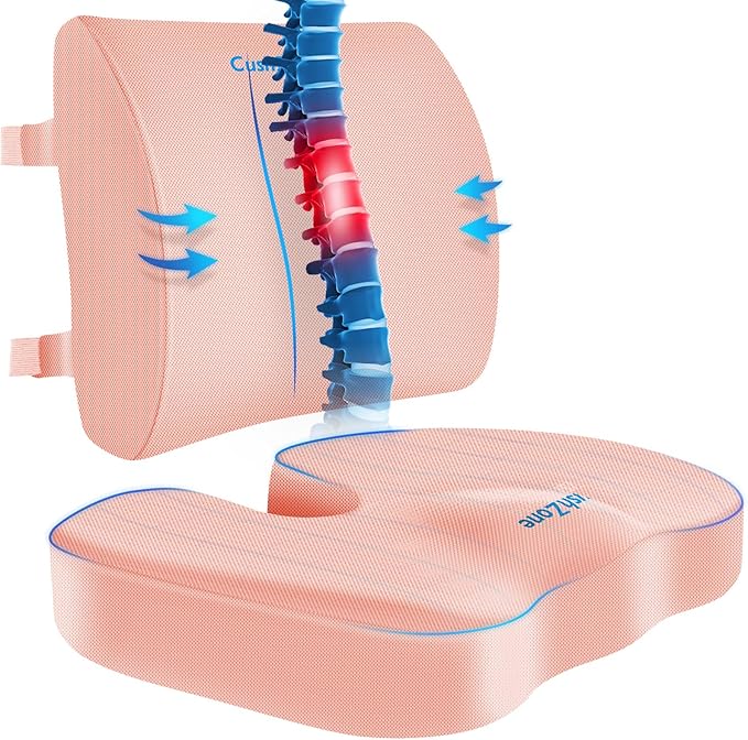 CushZone Ergonomic Seat Cushion & Lumbar Support Pillow - Memory Foam for Sciatica Pain Relief & Posture Correction, Non-Slip Chair Cushions for Office Chair/Car/Wheelchair/Travel (Pink)