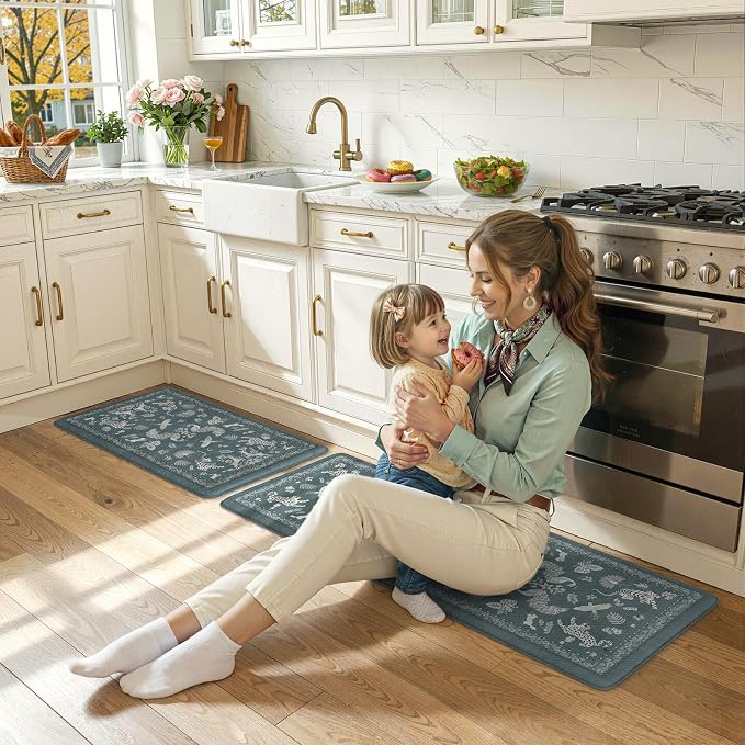 LEEVAN Anti Fatigue Mats for Kitchen Floor Non-Slip, Cushioned Kitchen Mats for Floor 2 Piece, Blue Memory Foam Kitchen Mat Set, Waterproof Ergonomic Standing Mat for Bar, Office,Desk, Laundry