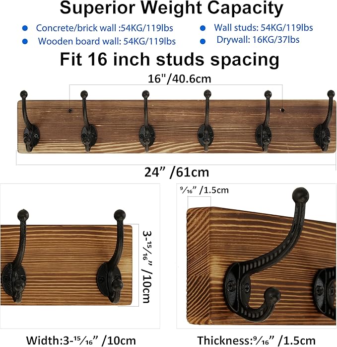 WEBI Rustic Coat Rack Wall Mount,24" Long 6 Cast Iron Coat Hooks Wall Mounted,Heavy Duty Wood Wall Coat Hanger Hooks for Hanging Coats,Jacket,Clothes,Backpack,Farmhouse,Brown