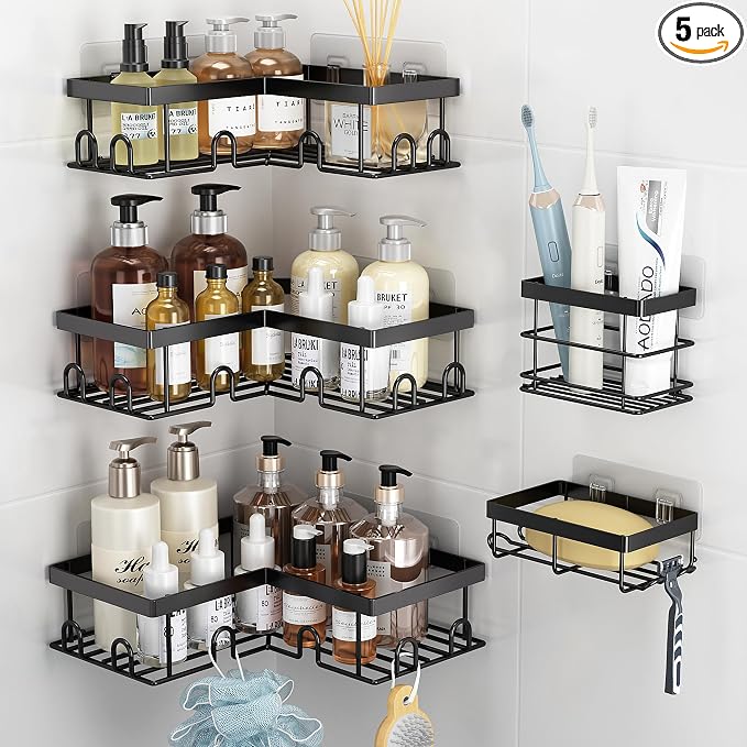 Liuoud Corner Shower Caddy 5 Pack, Rustproof Stainless Steel Shower Organizer with Soap Rack Toothbrush Holder, Large Capacity Adhesive No Drilling Bathroom Storage Decor Set, Black