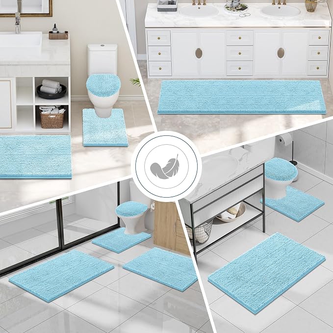 Smiry Luxury Chenille Bathroom Rugs 59x24, Extra Soft and Absorbent Shaggy Bath Mat, Machine Washable, Non-Slip Plush Carpet Runner for Tub, Shower, and Floor, Home Decor Accessories, Sky Blue