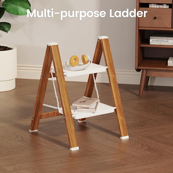 HBTower Step Ladder,Lightweight Aluminum Folding Step Stool with Anti-Slip Wide Pedal,330lbs Capacity Step Ladder for Household,Kitchen,Office - WhiteWoodgrain