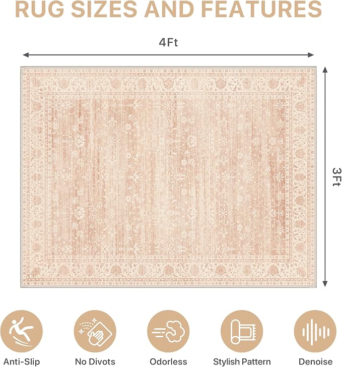 36"x48" Office Chair Mat for Hardwood Tile Floor, Under Desk Carpet Protector for Rolling Computer Chair Mat, Machine Washable Area Rug, Anti-Slip 1/5" Thick Low Pile Thin Vinyl Floor Mat, Dusty Pink