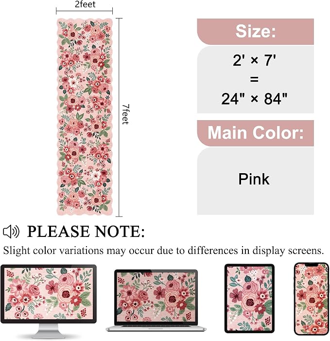 DUKINO Washable Runner Rug, 2x7 Lightweight Soft Floral Hallway Rug Runner with Low Pile Design, Non Shedding & Non Slip Backing Thin Indoor Carpet for Bedroom, Bathroom, Entrance, Kitchen, Pink